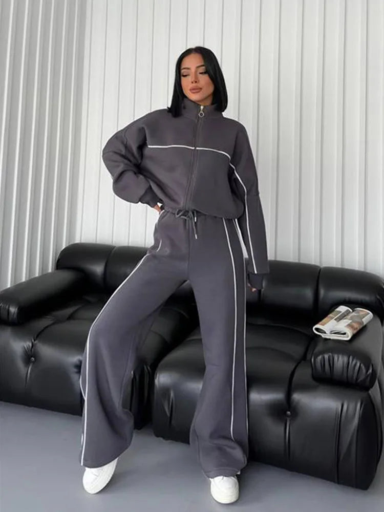 PASUXI haute qualité décontracté couleur unie femmes ensemble de vêtements de sport à manches longues haut et pied fermeture éclair crayon pantalon avec poches